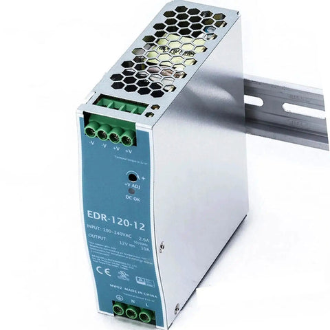 Ultra Slim 12V 10A DIN Rail Power Supply Beefy 120W Continuous Output Universal 90-264VAC Input High Efficiency Up To 88.5% Cabinet-Cooling Friendly Industrial Grade Protection Short-Circuit Overload Over-Voltage Over-Temp Constant Current, metal DIN rail PSU, front view