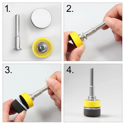 Assembly process for 5 Pc Heavy Duty Hook And Loop Sanding Disc Pad Kit For Rotary Tools 1 Inch Backing Pads with drill adapter
