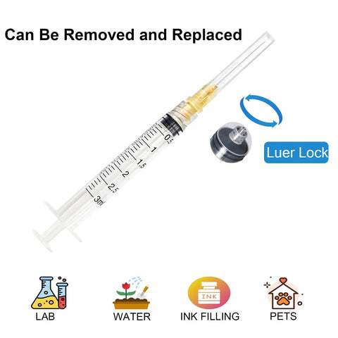 Heavy Duty 30 Pack 3 Milliliter Luer Lock Syringes With Stainless Steel Tips Individually Sealed For Lab Research And Craft Mixing displaying a close-up of a luer lock syringe
