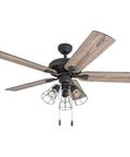 52-Inch Industrial Style LED Ceiling Fan With Light Kit, bronze finish, Edison style cage lights, dual finish barn wood blades.