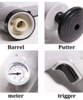 Close-up of parts of 9 In 1 Air Plunger Kit For Toilets, Drains, Kitchens And Bathrooms, including barrel, putter, meter, trigger