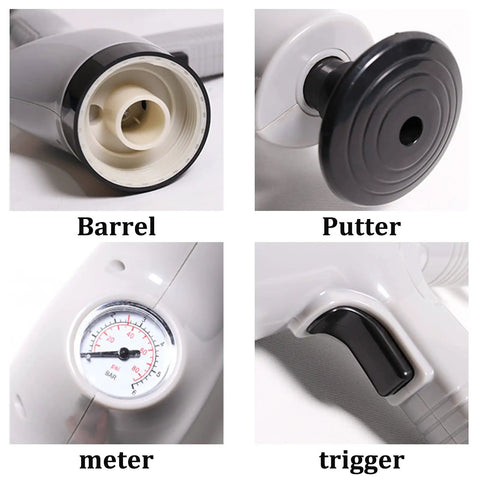 Close-up of parts of 9 In 1 Air Plunger Kit For Toilets, Drains, Kitchens And Bathrooms, including barrel, putter, meter, trigger