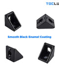 Black 2020 Corner Bracket Kit for 2020 and 2040 Aluminum Extrusion Rail in different angles, black enamel coating.
