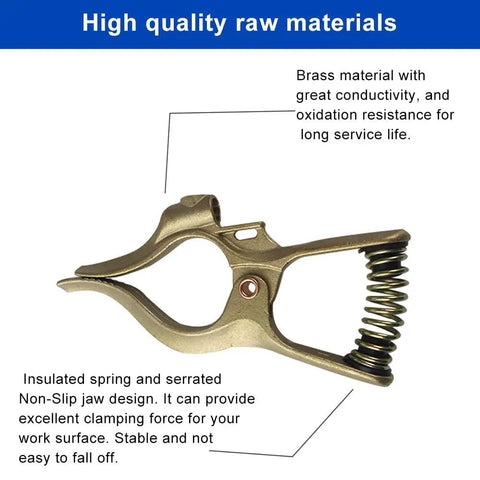 300 Amp T Style Brass Welding Ground Clamp, 7 Inch Long, Durable Brass Construction with Golden Finish, Side View