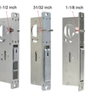 Three mortise door locks with varying backsets shown. Includes Mortise Door Lock With Thumbturn For Aluminum Storefront Doors 1-1/8 Backset.