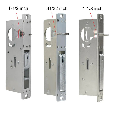 Three mortise door locks with varying backsets shown. Includes Mortise Door Lock With Thumbturn For Aluminum Storefront Doors 1-1/8 Backset.