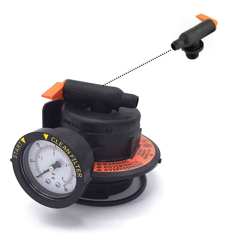 CCX1000V Air Relief Valve Replacement For Hayward DE Sand And Cartridge Pool Filters, shown with pressure gauge and part detail