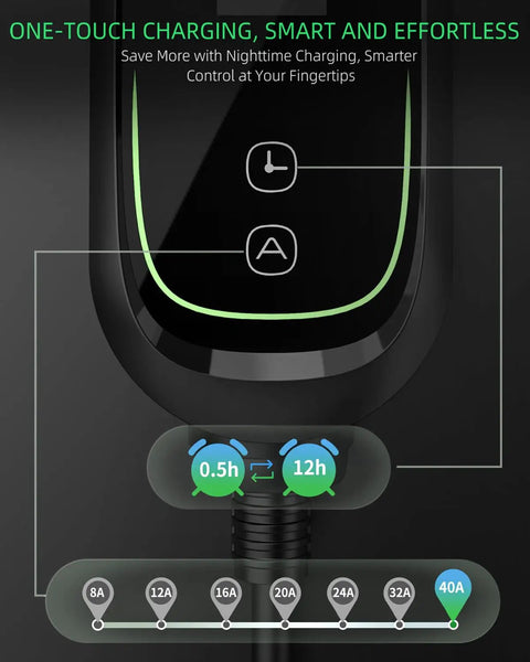 Close-up of Level 2 EV Charger 40 Amp With Adjustable Current And Delay, 240V 9.6kW Portable Home Charging Station controls