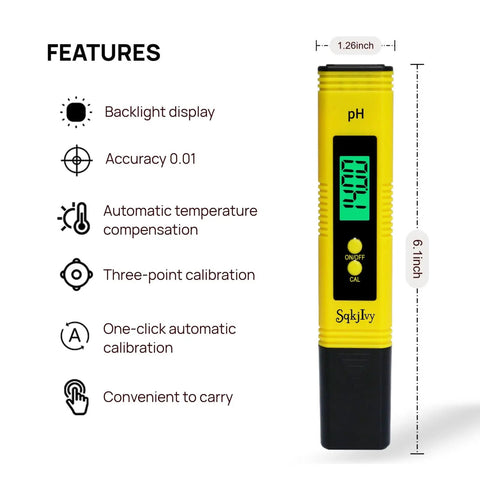 Pocket Size PH Meter Pen For Water Testing, Yellow, High Accuracy 0.01, On The Go use, dimensions and features displayed