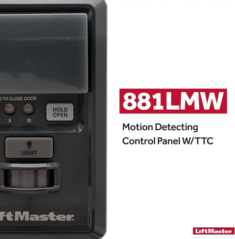 Close-up of a Motion Detecting Garage Door Control Panel For Security Plus Two Point Zero Openers, Wired Power Connection.