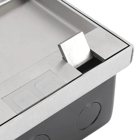 Heavy Duty Flush Floor Power Outlet Box Featuring Stainless Steel Silver Finish And Zero Fuss Easy Pull Lid Access close-up view.