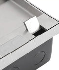 Top Shelf Recessed Floor Electrical Outlet Kit With Smooth Pull Down Cover Plate, stainless steel design and pull handle detail.