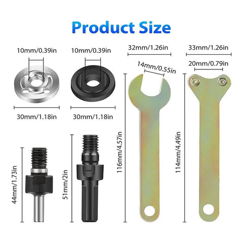Dimensions of Drill To Angle Grinder Adapter Kit With 6mm And 10mm Arbors Flange Nut Set And 2 Spanner Wrenches