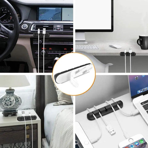 Self Adhesive Cable Clip Organizer Set For Desk, Car, Nightstand And Office Silicone Cord Holders With 7 5 3 1 1 Slots, Grab-And-Go Wire Clips For Phone Chargers, Black installed in car, desk, nightstand.