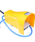 Foot pedal of Air Powered Planishing Hammer With 24 Inch Throat, Nine Anvils, Beefy Metal Shaping Tool, yellow casing, blue hose