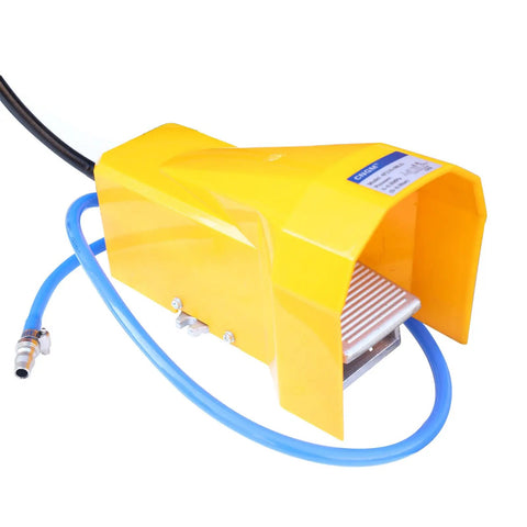 Foot pedal of Air Powered Planishing Hammer With 24 Inch Throat, Nine Anvils, Beefy Metal Shaping Tool, yellow casing, blue hose