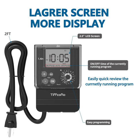 Heavy Duty Digital Outdoor Timer With Waterproof Dial Programming And Two Grounded Outlets On A 2 Ft Extension Cord showing display and controls.