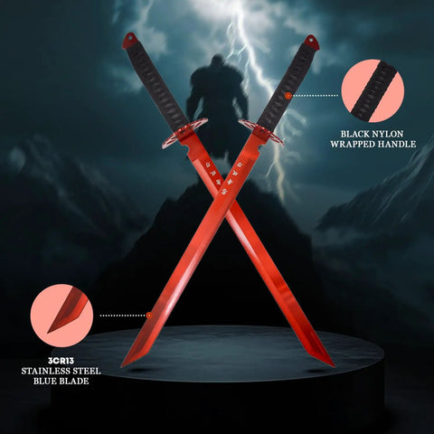 Twin Ninja Sword Set With Black Nylon Wrapped Handles, 28 Inch Overall Length, 18.25 Inch Stainless Steel Blades, Includes Shoulder Strap