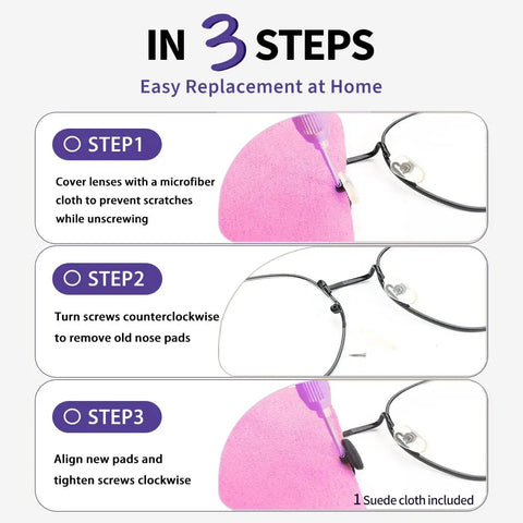 30 Pcs Anti Slip Silicone Nose Pads For Glasses With Hexagon Grip Stops Slide Dead In Its Tracks Keeps Specs Snug On Oily Skin Includes Screwdriver And Cloth For Quick Fixes, featuring replacement steps with instructions.