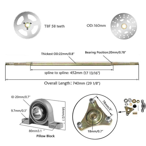 Diagram of Rear Axle Assembly Kit For Ready To Roll Go Karts 740mm With 29 Inch Wheels Hub Rim Tire Brake Disc Caliper Master Cylinder T8F Chain Sprocket DIY Quad Trike Drift Bike; details on sprocket, pillow block, and bearings.