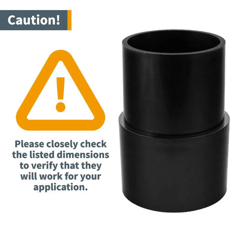 2-1/2 Inch To 2-1/4 Inch Dust Collector Reducer Coupler, ABS Plastic, shown with size caution notice