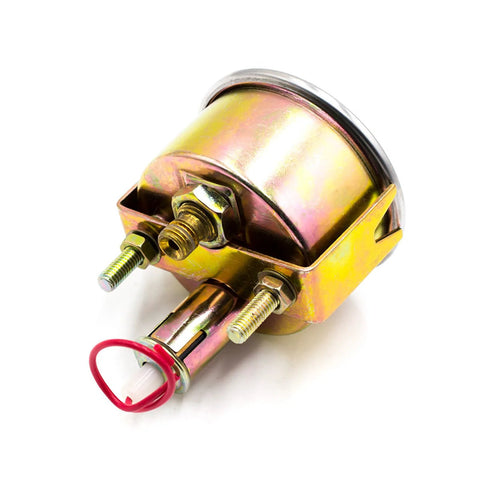 2-inch (52mm) mechanical automotive oil pressure gauge with gold-tone housing and mounting bracket