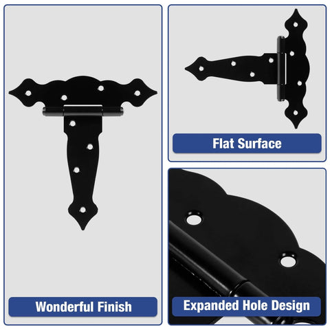 4 Pack Heavy Duty 6 Inch T Strap Gate Hinges 2mm Thick Universal Barn Shed Door Hardware detail views with black finish and hole design