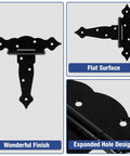 Beefy Heavy Duty 6 Inch T Strap Gate Hinges For Fence Barn Door Wood Cabinet And Garden Use 270 Degree Rotation 8 Hole Black Tee Hinge Hardware, flat surface view