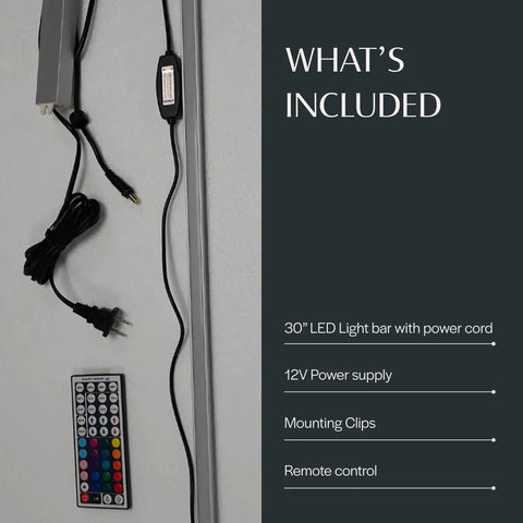 30 Inch RGB Color Changing Sauna Light Bar Kit For Traditional And Infrared Saunas That Mounts On Bench Or Wall With Waterproof Power Supply And 10000 Hours Of Lighting Plus Easy Install And Built To Last, including remote, power supply, and mounting clips.