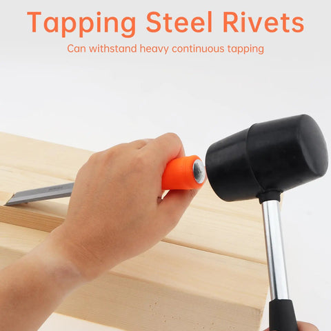 Hand using Real Deal Five Piece Wood Chisel Set With Heavy Duty Steel Hammer Ends on wooden plank for precise tapping.