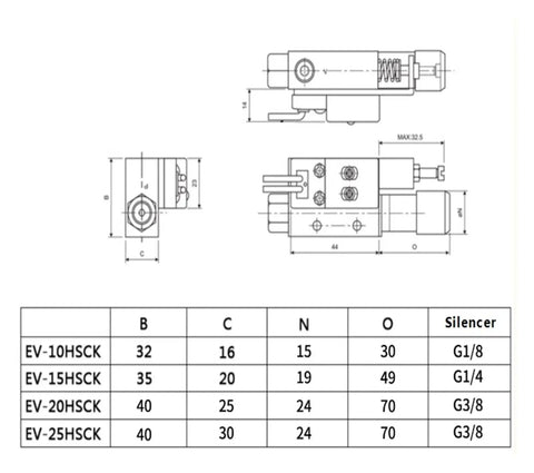 Technical drawing of the Compact Vacuum Generator With Detection Switch Ev10Hsck showing dimensions and specifications.