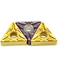 Premium TNMG160408 Carbide External Turning Insert For CNC Lathe Metal Machining with three triangular inserts in different colors.
