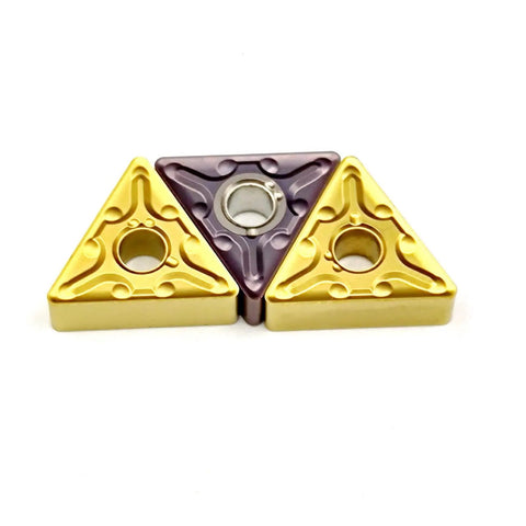 Premium TNMG160408 Carbide External Turning Insert For CNC Lathe Metal Machining with three triangular inserts in different colors.