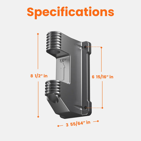 Heavy Duty Swivel Metal Bracket For AW40 Hose Reel Replacement Featuring Tough As Nails Polypropylene Build and dimensions labeled.