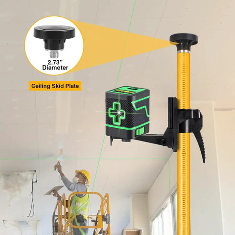 Heavy Duty Laser Level Pole With Adjustable Mount One Quarter Inch By Twenty Inch Telescoping Pole Extending To Twelve Feet Three Point Seven Meters With Five Eighths Inch Eleven Thread Adapter For Rotary And Line Lasers No Tripod Needed used on construction site, featuring skid plate and laser lines