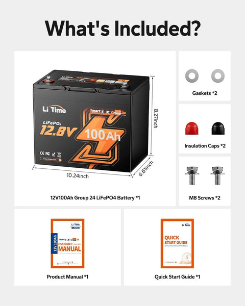 What's included with 12V 100Ah Bluetooth LiFePO4 Battery For Camper, RV, Van, Trailer, And Boat Deep Cycle Group 24
Cold Weather Safe Real Time App Monitoring Of Voltage, Charge, Health, And Battery Status For Vanlife And Boondocking: battery, gaskets, insulation caps, screws, manual, and guide.