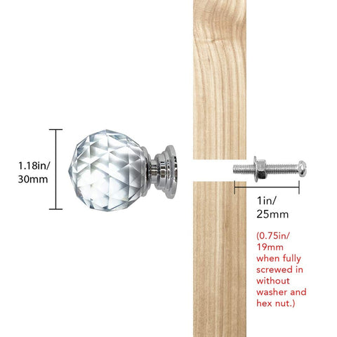Crystal Knobs Set Six Pack Round Ball 42mm Cabinet Knobs With Screws for installation on wooden surface side view