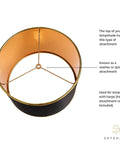 Interior view of Dope Black Drum Lampshade With Spider Fitter And Harp Compatibility, showing spider fitter mechanism, 13 inch diameter.