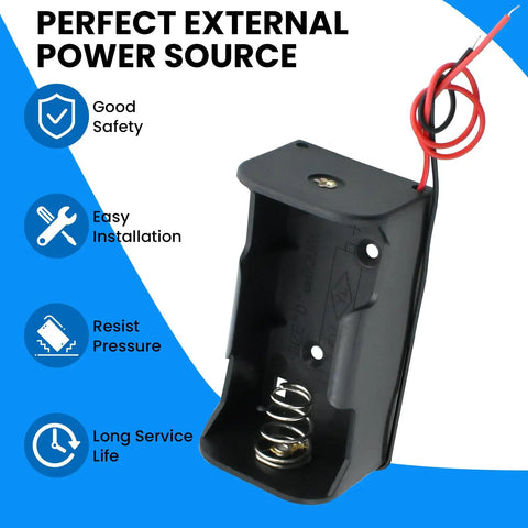 Built Tough D Cell Battery Holder 2 Pack 1.5V external power case with copper contacts and nickel plated springs, black housing.