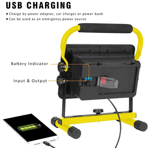 GoTo 60W LED Work Light Cordless Floodlight With 6000LM showing battery indicator and USB charging connected to a smartphone