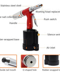 Heavy Duty Air Hydraulic Pop Rivet Gun for Fast, Reliable Riveting, Pneumatic Riveter Tool With Stainless Steel Body And Aluminum Frame, Pro Grade Durability For Metalworking, Automotive, And Home DIY Projects, red and black