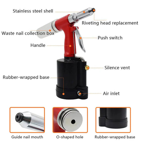 Heavy Duty Air Hydraulic Pop Rivet Gun for Fast, Reliable Riveting, Pneumatic Riveter Tool With Stainless Steel Body And Aluminum Frame, Pro Grade Durability For Metalworking, Automotive, And Home DIY Projects, red and black