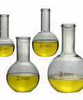 Flat Bottom Boiling Flask Set Four Piece 50Ml 100Ml 250Ml 500Ml Borosilicate Glass Florence Flasks filled with yellow liquid