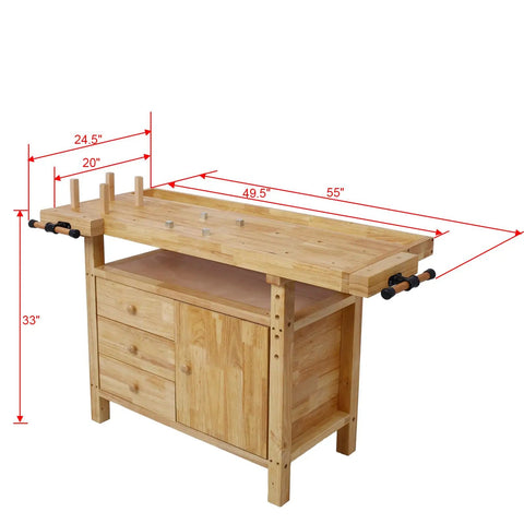 Heavy Duty Rubber Wood Workbench With Bar Clamps For Garage Diy And Welding Station, dimensions 55x49.5x33 inches, includes dual clamps and drawers.