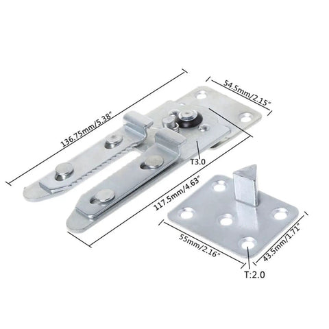 Heavy Duty Iron Sofa Hinge Bracket With Strong Bed Holder Connector For Sectional Furniture Setup, matte silver finish, dimensions shown.