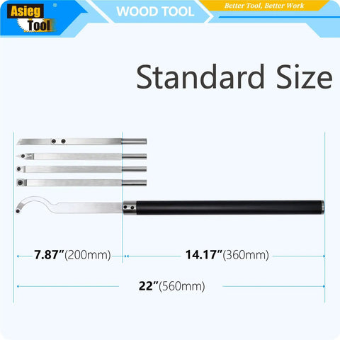 Six Piece Pro Grade Carbide Tipped Wood Turning Tool Set for Lathe with dimensions and interchangeable handle