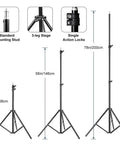 Softbox Lighting Kit For Studio Portraits And Product Shots stand with height measurements and features labeled in detail.