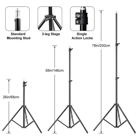 Softbox Lighting Kit For Studio Portraits And Product Shots stand with height measurements and features labeled in detail.