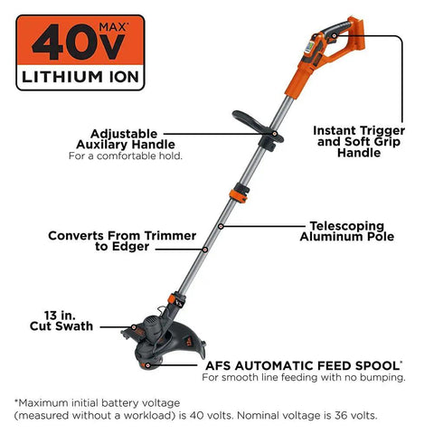 40V Max String Trimmer And Lawn Edger With 13 Inch Cutting Swath And Far Reach For Easy Edging And Weed Removal Battery And Charger Not Included Lightweight Power Tool For Quick Yard Cleanup with auxiliary handle and telescoping pole