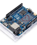 Uno R4 WiFi Dual Core Microcontroller Board With Renesas RA4M1 And ESP32 S3 for IoT and embedded projects, angled view.